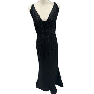 JVN By Jovani Black Sleeveless Lace Overlay Dress Deep V-Neck & Back Tie Closure